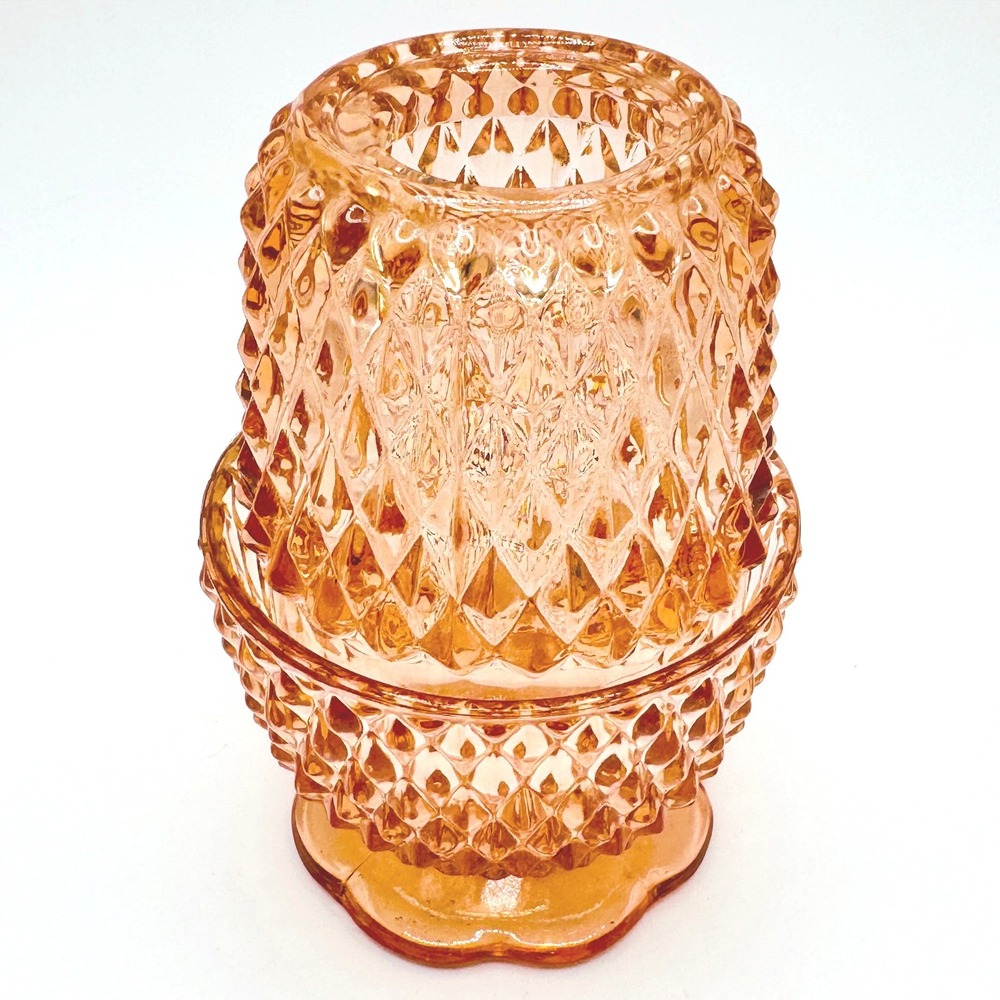Fairy Lamp Vintage Indiana Glass Peach Pink Diamond Point 2 Piece HTF 1970s